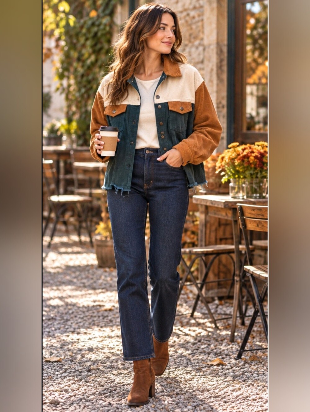 POL Corduroy Colorblock Jacket M Teal Rust Cream Raw Hem Cotton